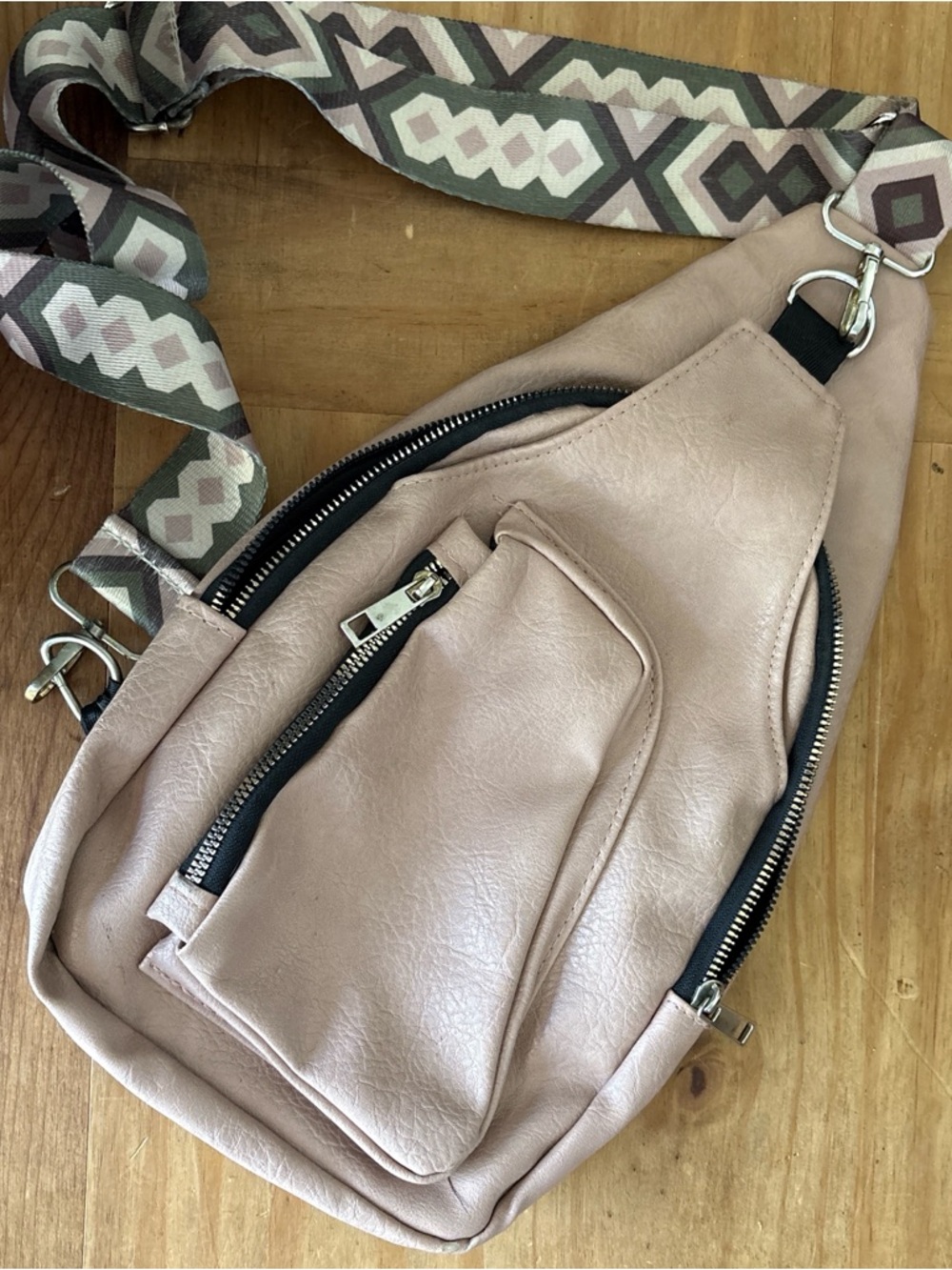 Blush Pink Crossbody Sling Bag with Patterned Strap